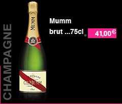 Champagne Mumm brut, 75 centilitres, 40 euros.