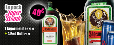 Le pack Jager Bomb à 40 euros, un Jägermeister 70 centilitres, plus 4 Red Bull 25 cl.