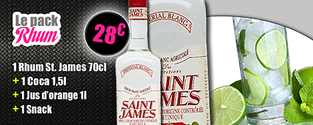 Le pack Rhum à 27 euros, un rhum Saint James, 70 centilitres, plus un Coca 1,5 litre, plus un jus d'orange, plus un snack