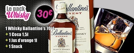 Le pack Whisky à 27 euros, un whisky Ballantines 70 centilitres, plus un Coca 1,5 litre, plus un jus d'orange d'un litre, plus un snack