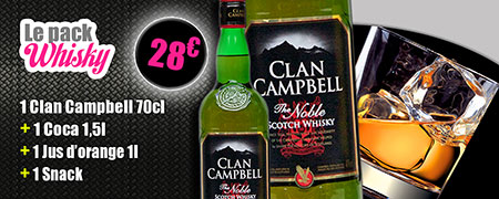 Le pack Whisky à 27 euros, un whisky Clan Campbell 70 centilitres, plus un Coca 1,5 litre, plus un jus d'orange d'un litre, plus un snack